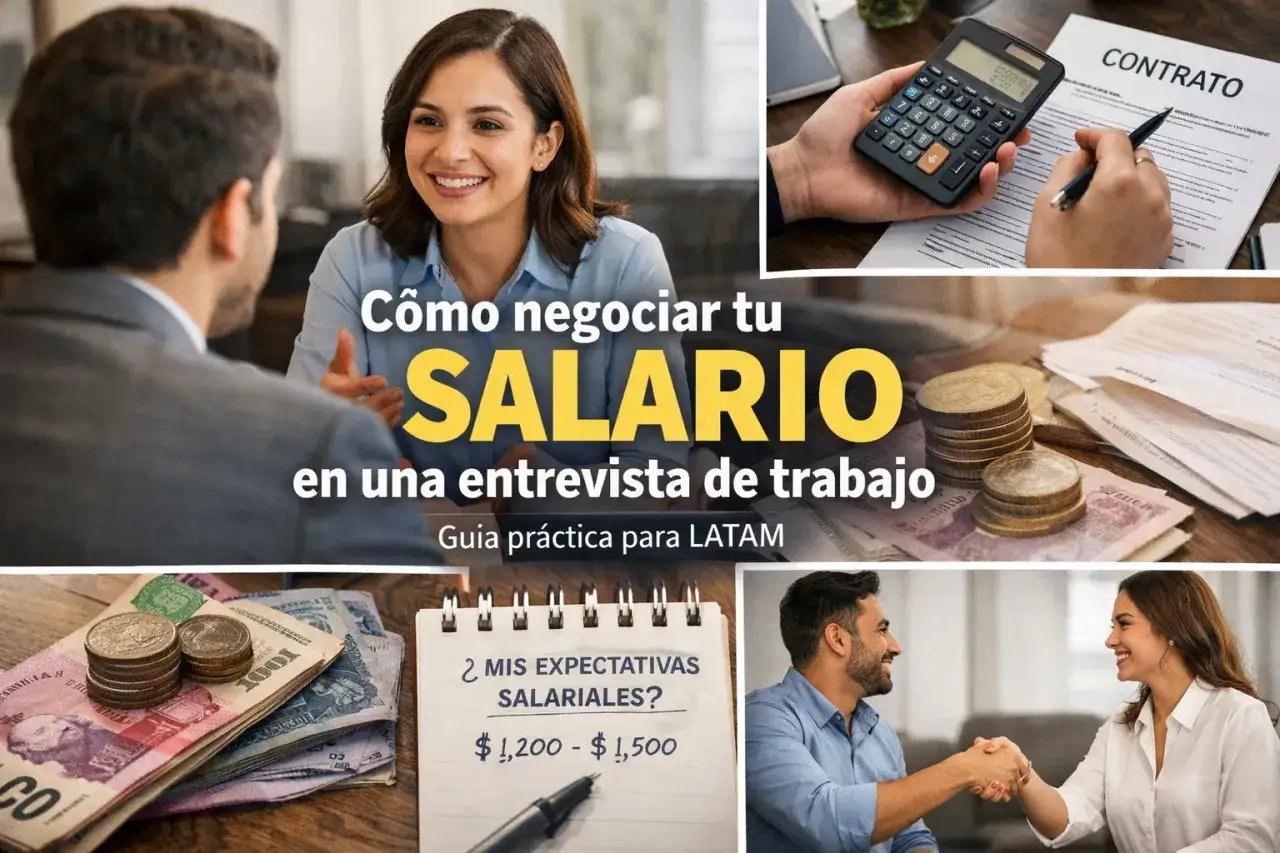 Guía para saber cómo negociar tu salario en una entrevista de trabajo. Muestra dinero, calculadora, contrato y personas en diálogo.