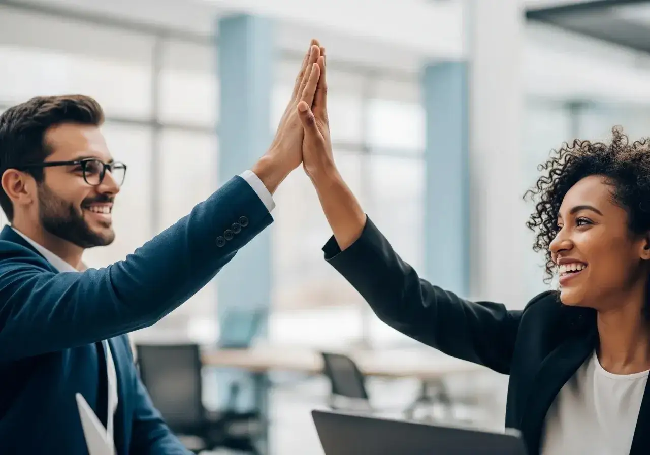 Dos colegas celebran un &eacute;xito con un choque de manos, un claro ejemplo de liderazgo positivo y trabajo en equipo.