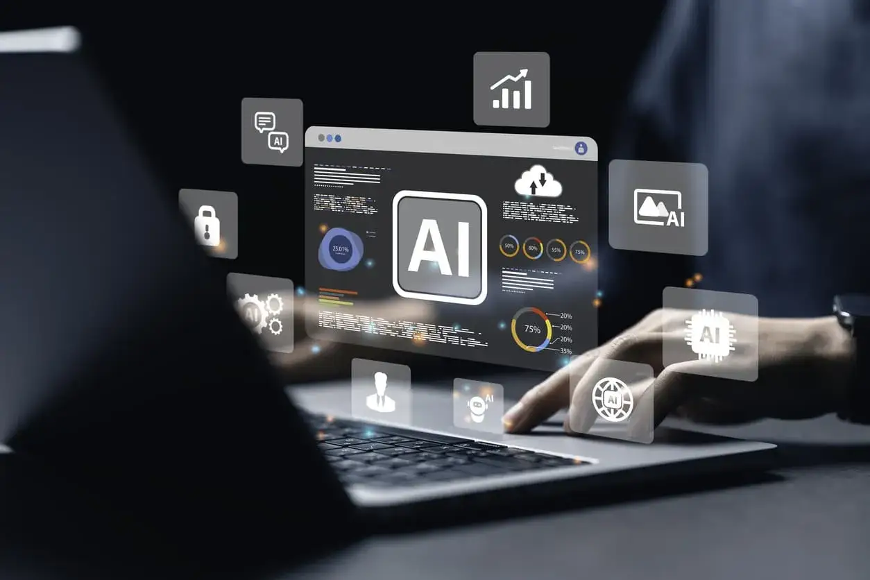 Interfaz de ordenador mostrando gráficos y el logo de IA, destacando los beneficios de la IA en análisis y automatización.
