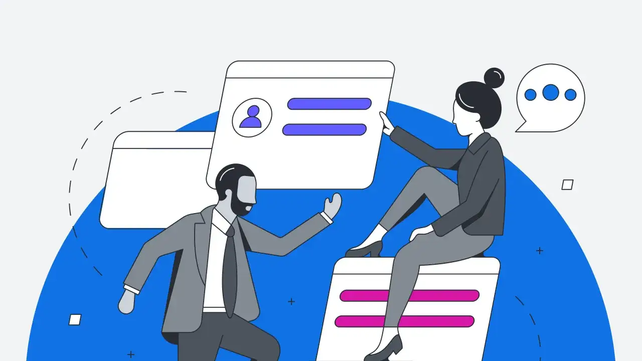 Dos profesionales interact&uacute;an con interfaces digitales, mostrando una colaboraci&oacute;n interfuncional fluida para alcanzar objetivos comunes.