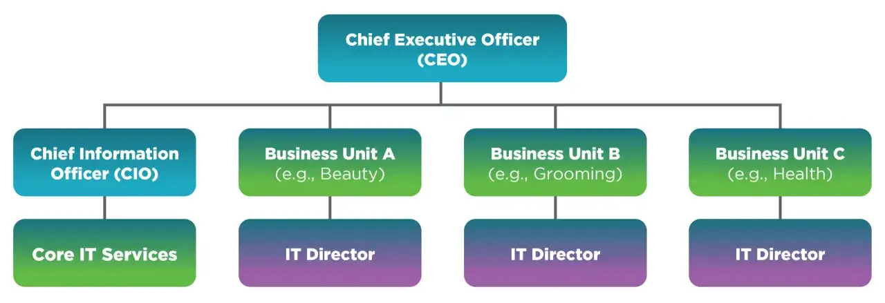 Organigrama horizontal y vertical: CEO, CIO, Unidades de Negocio (Belleza, Cuidado Personal, Salud) y Directores de TI.