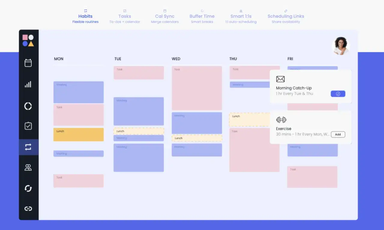 Calendario semanal con reuniones, tareas y almuerzos. La IA ayuda a organizar tu d&iacute;a para que puedas reclaim tu tiempo.