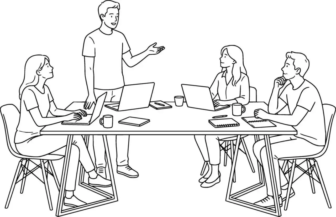 Equipo discutiendo ideas para mejorar la comunicaci&oacute;n. Un hombre de pie explica algo a tres personas sentadas con laptops.