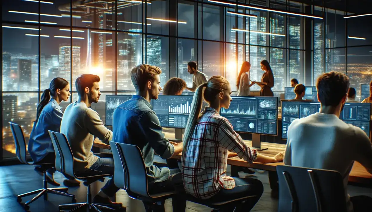 Equipo trabajando en un proyecto de inteligencia colaborativa, analizando datos en monitores con vistas a la ciudad nocturna.