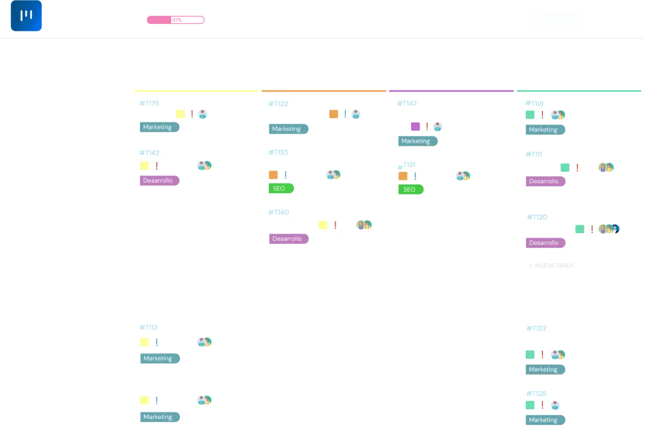 Tablero kanban gratis con tareas de marketing y desarrollo. Organiza tu flujo de trabajo visualmente.