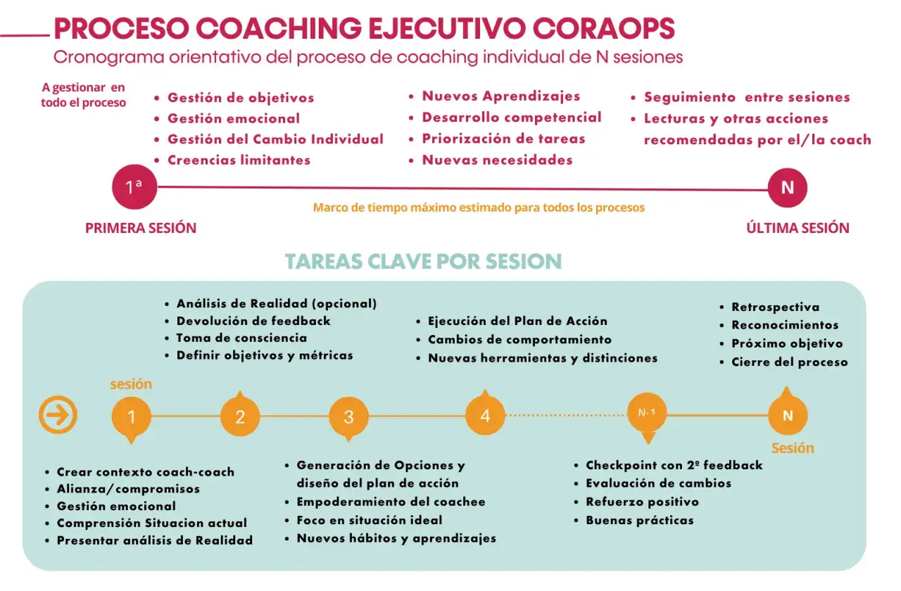 Cronograma de un proceso de ceo coaching con tareas clave por sesi&oacute;n, desde la primera hasta la &uacute;ltima.