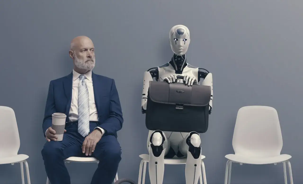 Hombre y robot esperan entrevista. El futuro del empleo y la inteligencia artificial se encuentran en esta sala.