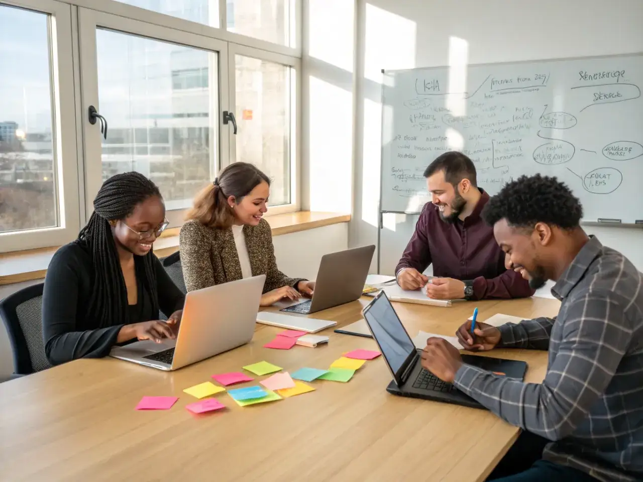 Equipo diverso en sesión de corporate coaching, colaborando en proyectos con laptops y notas adhesivas.