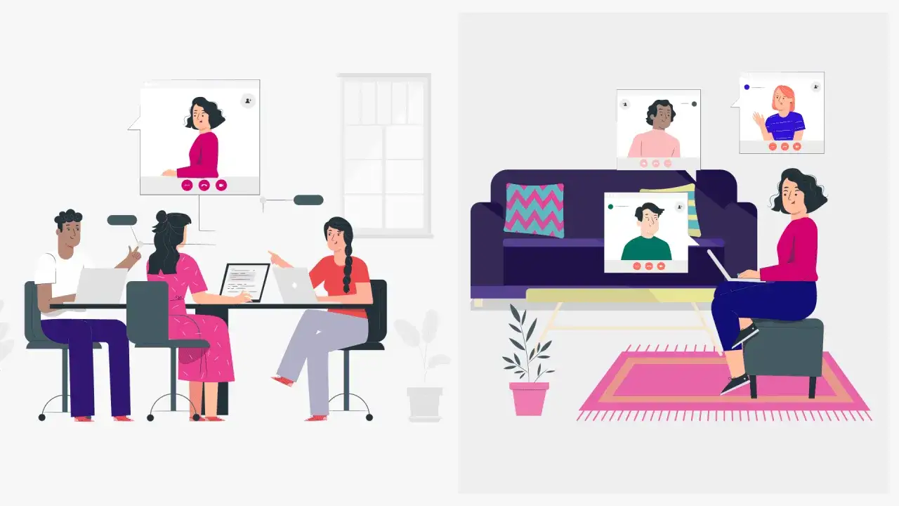 Equipo colaborando en oficina y remoto, creando un ideal work environment.
