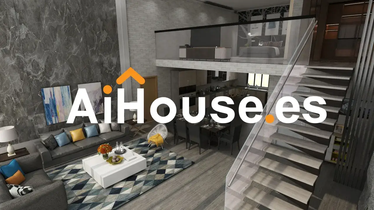 Dise&ntilde;o interior moderno de una casa de dos niveles con sala, cocina y dormitorio. AiHouse.es, tu software house para crear espacios &uacute;nicos.