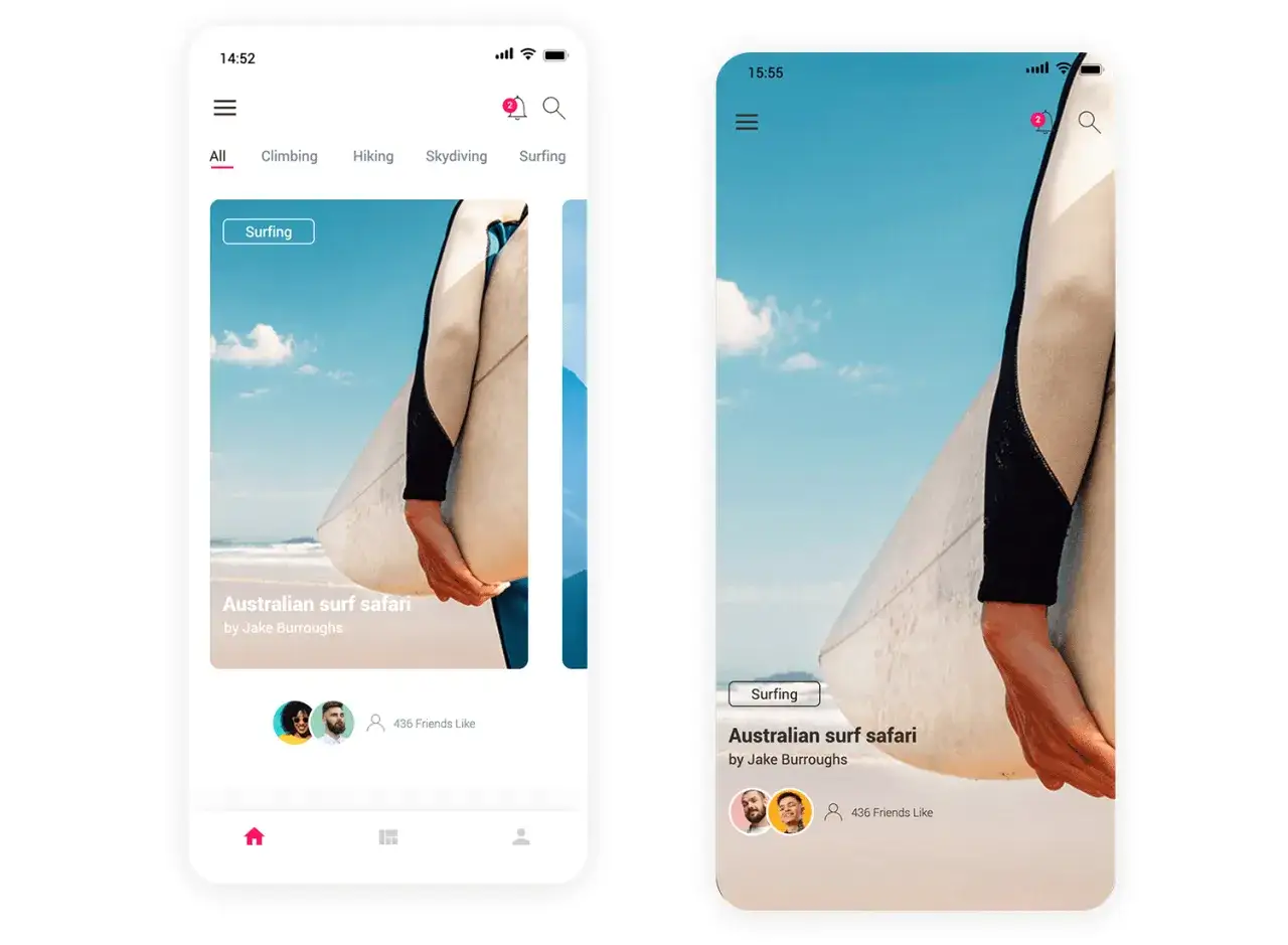 Pantallas de una app: una muestra un feed de actividades de aventura, con 
