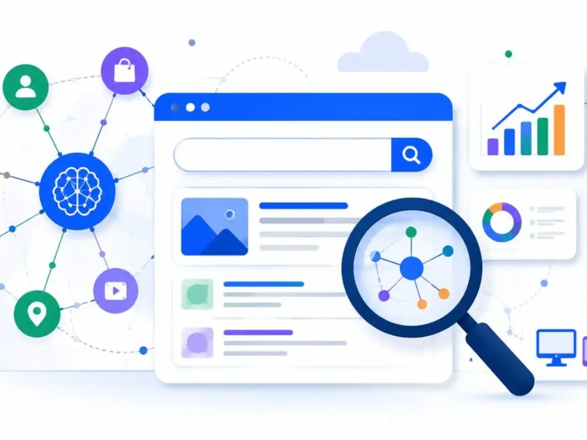 Interfaz de búsqueda con lupa, cerebro y gráficos. La enterprise search organiza información para análisis y crecimiento.