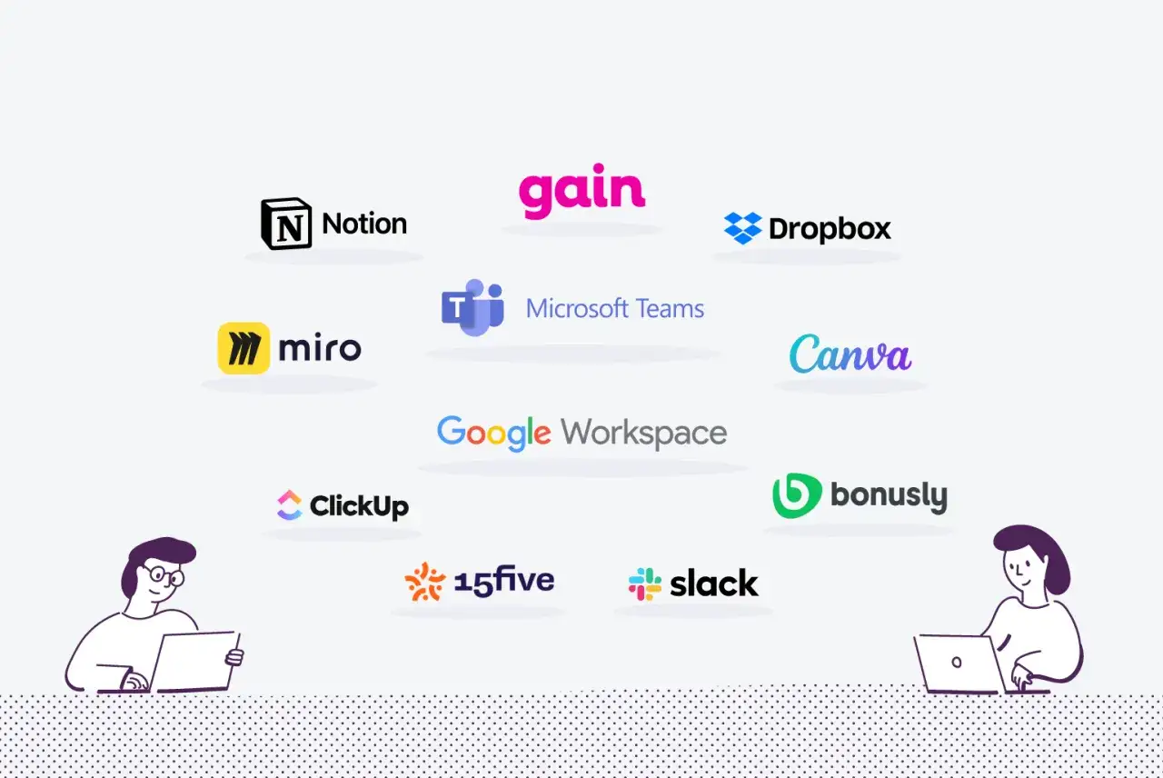 Personas trabajando en la nube con herramientas como Notion, Miro, Google Workspace, Slack y m&aacute;s.