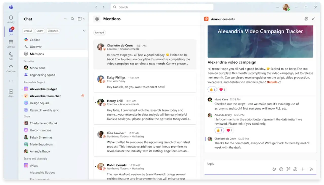 Captura de pantalla de una interfaz de chat de equipo. Muestra un canal de anuncios y un hilo de conversaci&oacute;n con varios mensajes, indicando un trabajo en equipo activo.