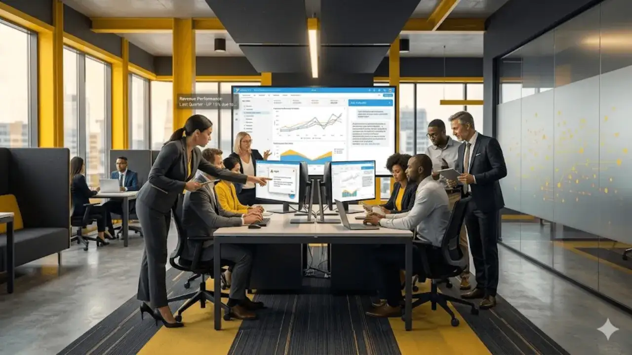Equipo colabora en una sala moderna, analizando gr&aacute;ficos en pantallas. Su estrategia de datos impulsa el &eacute;xito.