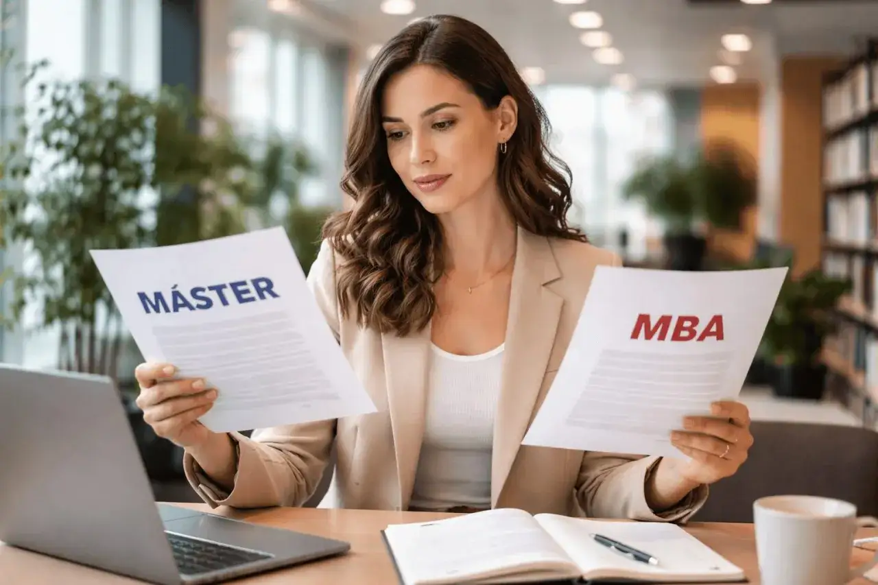 Mujer compara documentos de M&aacute;ster y MBA, decidiendo su futuro acad&eacute;mico y profesional.