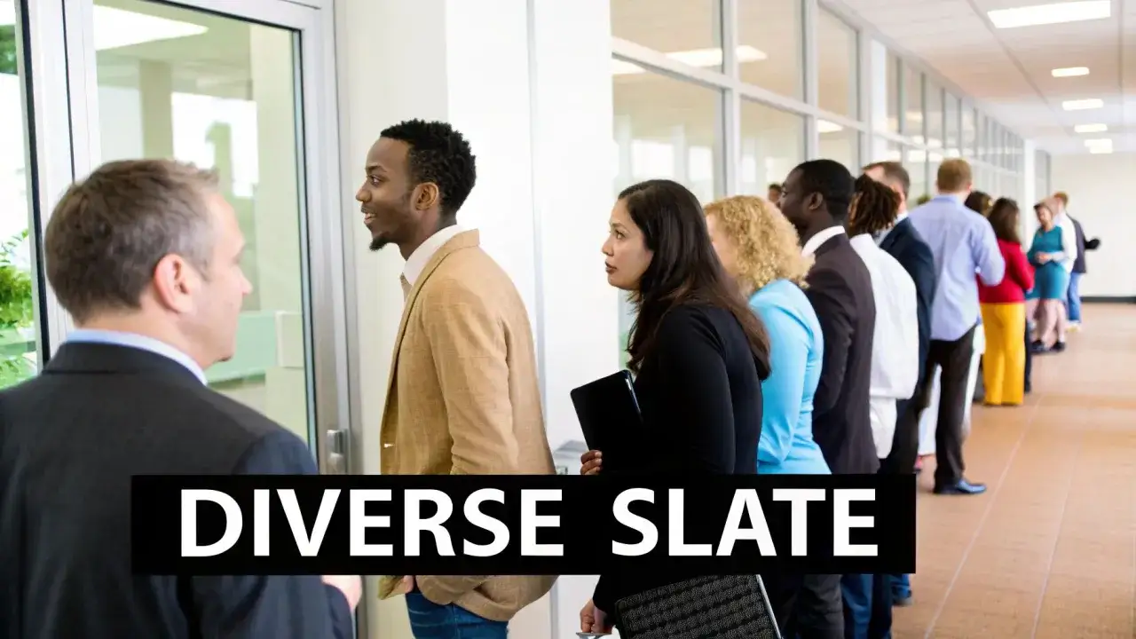 Un grupo diverso de personas espera en fila para sus pr&aacute;cticas profesionales.