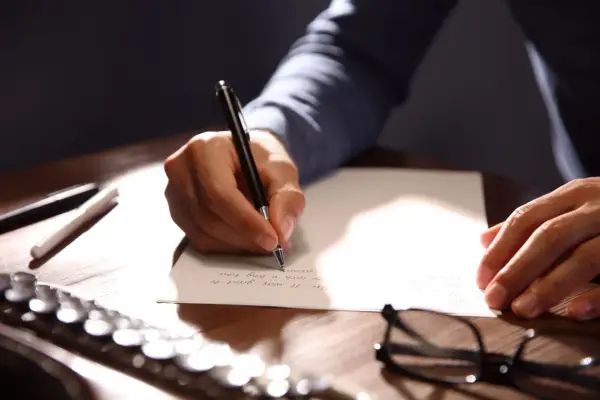 Mano escribiendo una carta formal con bolígrafo.