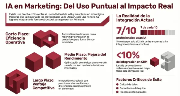 Infografía sobre IA en marketing: muestra la brecha entre uso individual y estructural en la **empresa ia**, destacando beneficios a corto, medio y largo plazo.