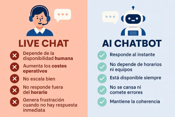 Comparación entre Live Chat y AI Chatbot. El chatbot con inteligencia artificial ofrece respuestas instantáneas y disponibilidad constante, a diferencia del chat humano.