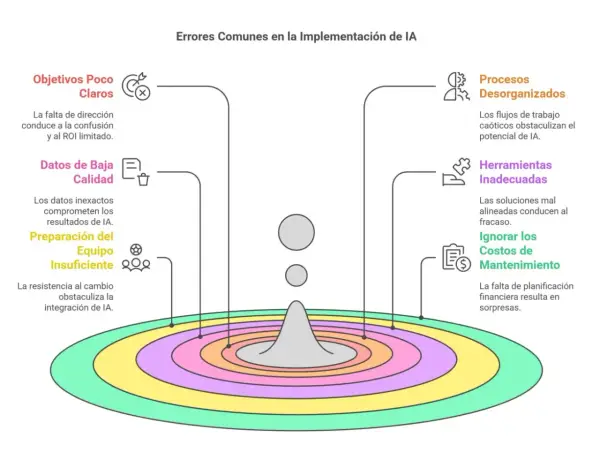 Errores comunes en la implementación de IA: objetivos poco claros, datos de baja calidad, equipo insuficiente, procesos desorganizados, herramientas inadecuadas e ignorar costos de mantenimiento. Un **test de integración** revela estos problemas.