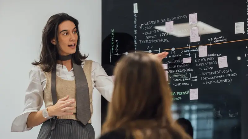 Mujer explica un diagrama en pizarra, parte de un programa de desarrollo de gestión.